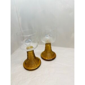 Vtg Roemer Wine Glasses Amber Beehive Stem Etched Wildlife Rabbits Ducks Set 2